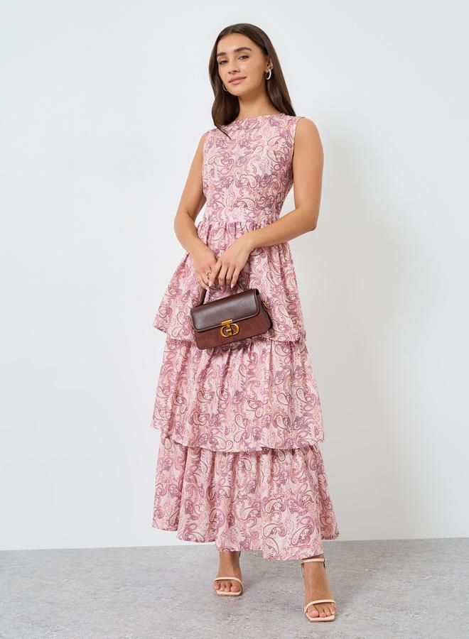 Styli Women Pink Paisley Print Tiered Maxi Dress - Image 2